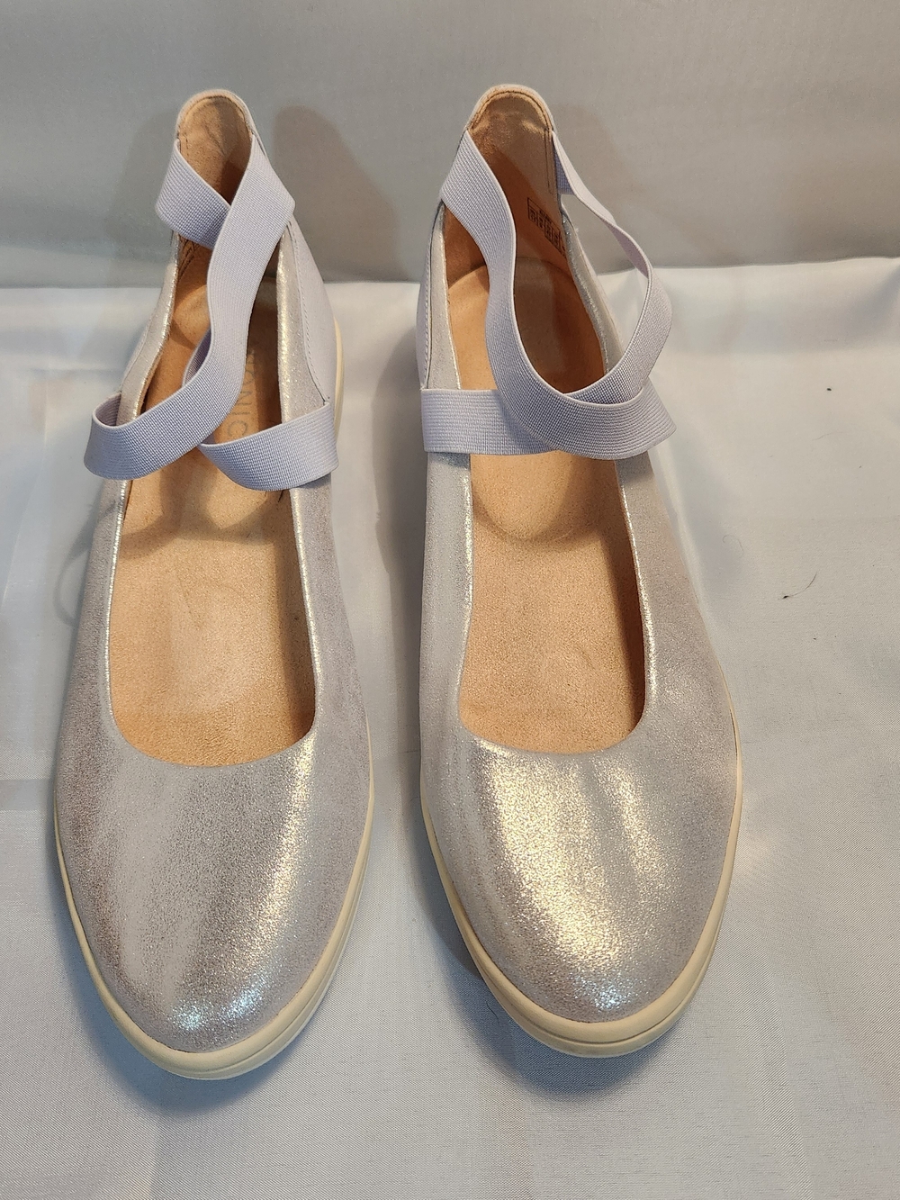 Vionic Metallic Silver Loafers with Elastic Cross Straps